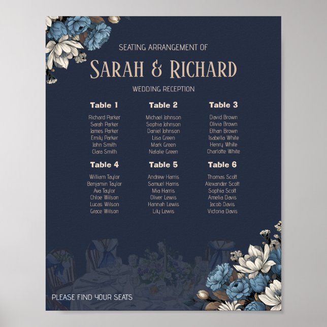 Elegant Navy Blue Floral Wedding Seating Chart (Front)