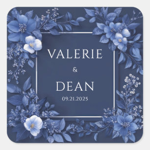 Elegant Navy Blue Floral Wedding Square Sticker