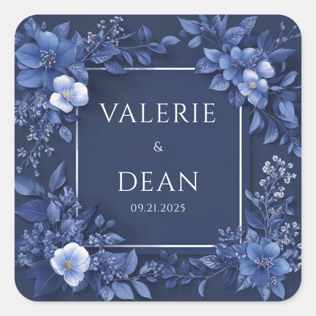 Elegant Navy Blue Floral Wedding Square Sticker (Front)