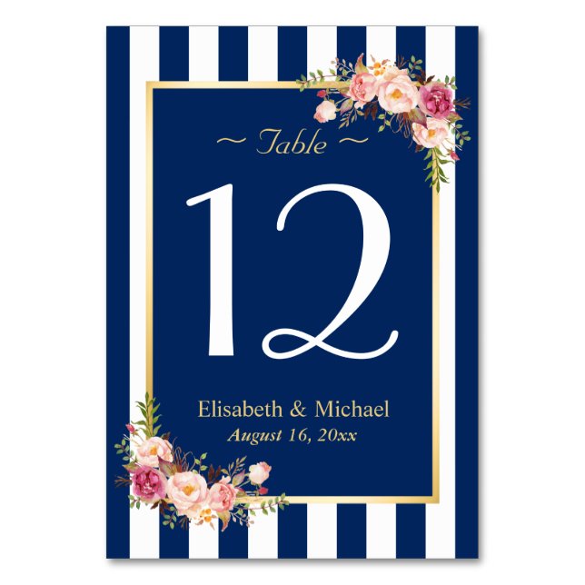 Elegant Navy Blue Floral Wedding Table Number (Front)