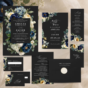 Elegant Navy Blue Floral & White Peonies Wedding Invitation
