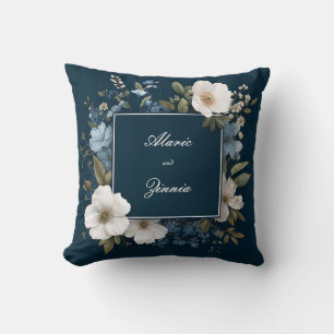 Elegant Navy Blue Floral with White Blossoms Throw Pillow