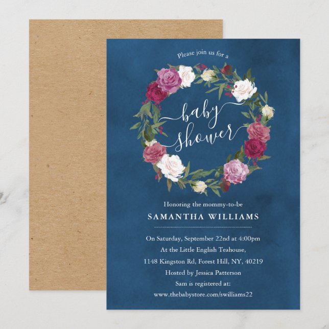 Elegant Navy Blue Floral Wreath Baby Shower Invitation (Front/Back)