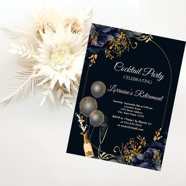 Elegant Navy Blue Flower Balloons,Wine Retirement  Invitation (Creator Uploaded)