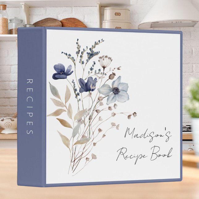 Elegant Navy Blue Flower Floral Recipe Cookbook Binder (In situ)