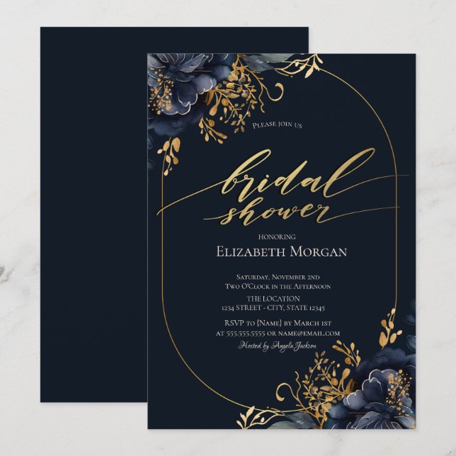 Elegant Navy Blue Flowers Bridal Shower  Invitation (Front/Back)
