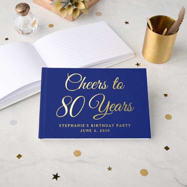 Elegant Navy Blue Foil Cheers to 80 Years Guest Book (Front Open)