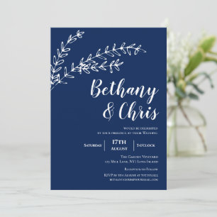 Elegant Navy Blue Foliage Minimalist Wedding Invitation
