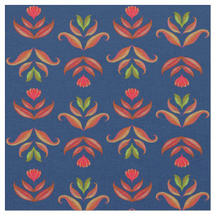 Elegant Navy Blue Folk Art Floral Rustic Cozy Fall Fabric