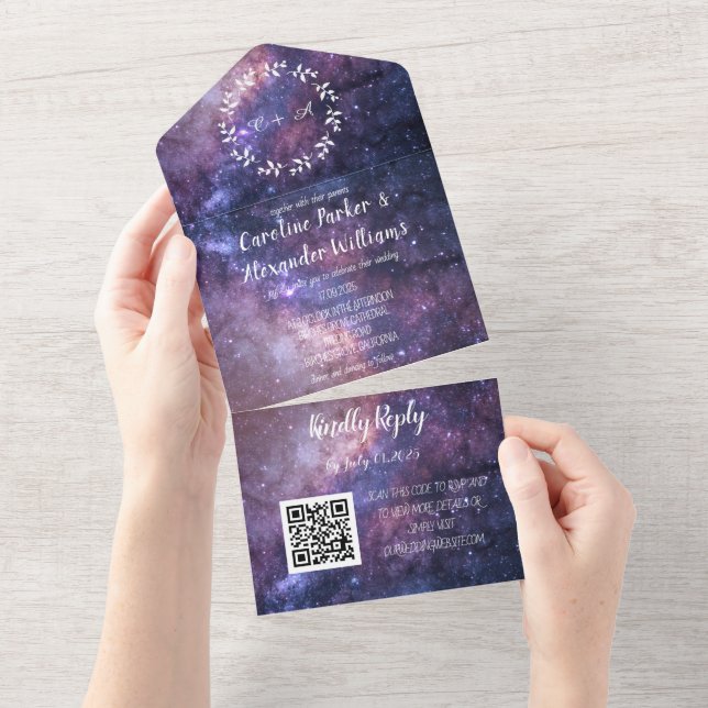 Elegant Navy Blue Galaxy Modern RSVP QR Code All I All In One Invitation (Tearaway)