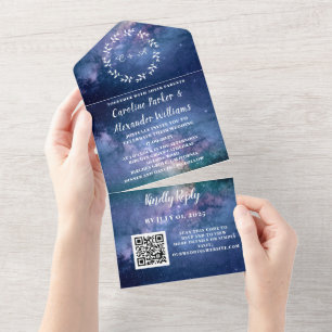 Elegant Navy Blue Galaxy Modern RSVP QR Code All In One Invitation