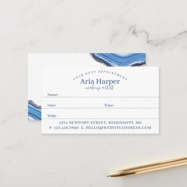 Elegant Navy & Blue Geode Gold Glitter Agate Appointment Card (Front/Back In Situ)