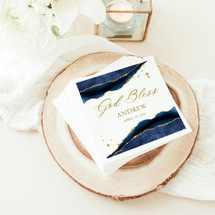 Elegant Navy Blue Geode with Gold Cross Baptism Napkin