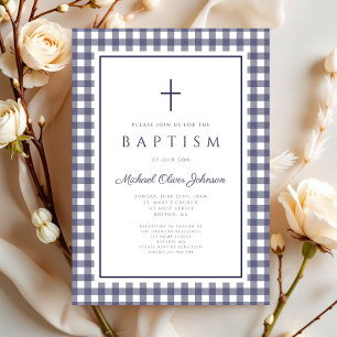 Elegant Navy Blue Gingham Boy Baptism Invitation