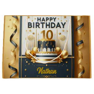Elegant Navy Blue & Gold 10th Birthday Celebration Large Gift Bag