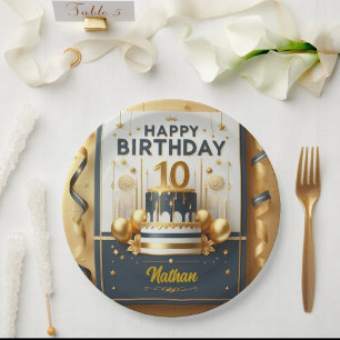 Elegant Navy Blue & Gold 10th Birthday Celebration Paper Plate