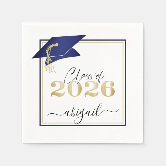 Elegant Navy Blue Gold 2022 Graduation Cap Script Napkin (Front)