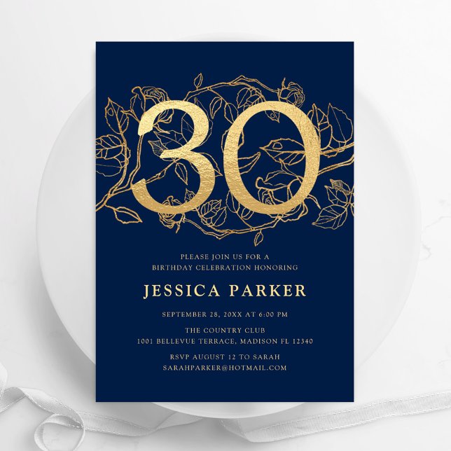 Elegant Navy Blue Gold 30th Birthday Invitation (Creator Uploaded)