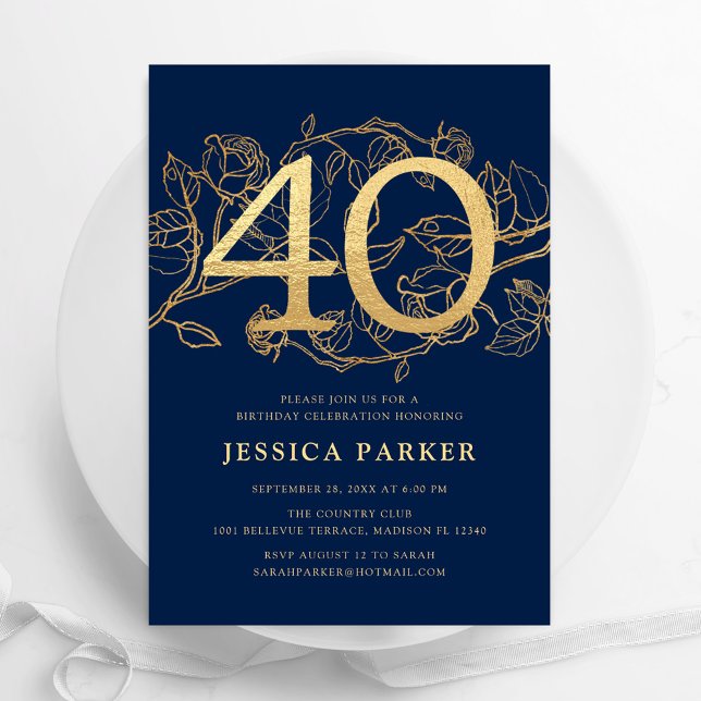 Elegant Navy Blue Gold 40th Birthday Invitation (Creator Uploaded)