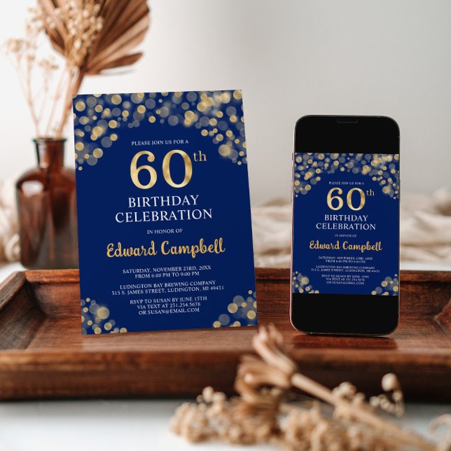 Elegant Navy Blue & Gold 60th Birthday Invitation (Creator Uploaded)