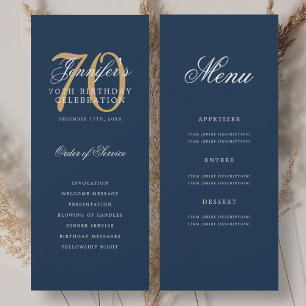 Elegant Navy Blue Gold 70th Birthday Program Menu