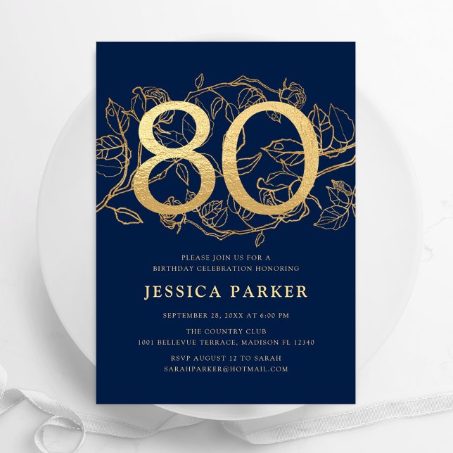 Elegant Navy Blue Gold 80th Birthday Invitation (Creator Uploaded)