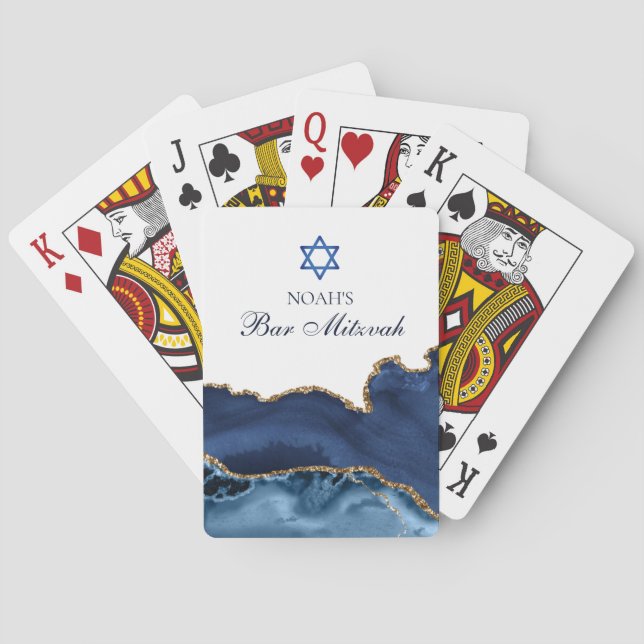 Elegant Navy Blue Gold Agate Bar Mitzvah Party Playing Cards (Back)