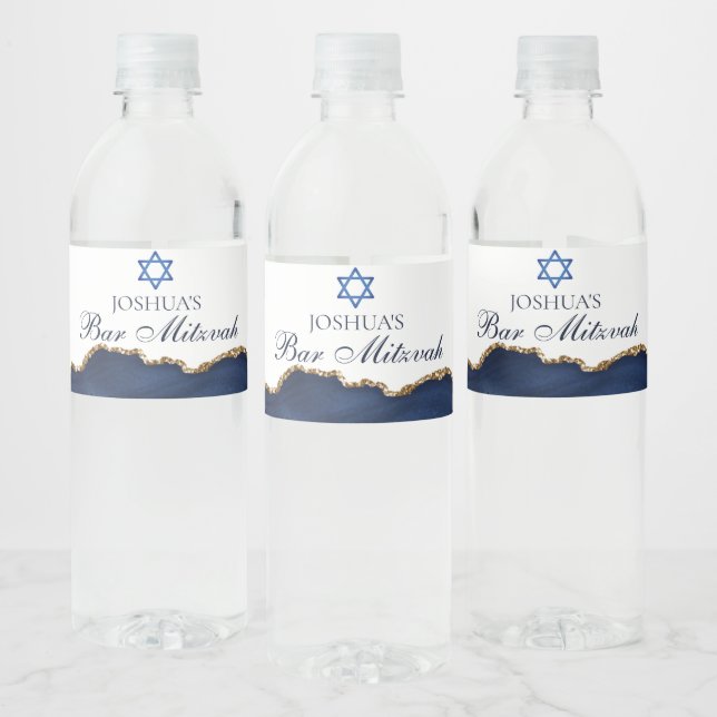 Elegant Navy Blue Gold Agate Bar Mitzvah Party Water Bottle Label (Bottles)