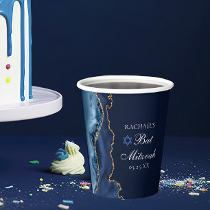 Elegant Navy Blue Gold Agate Bat Mitzvah Party Paper Cups