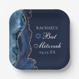 Elegant Navy Blue Gold Agate Bat Mitzvah Party Paper Plate