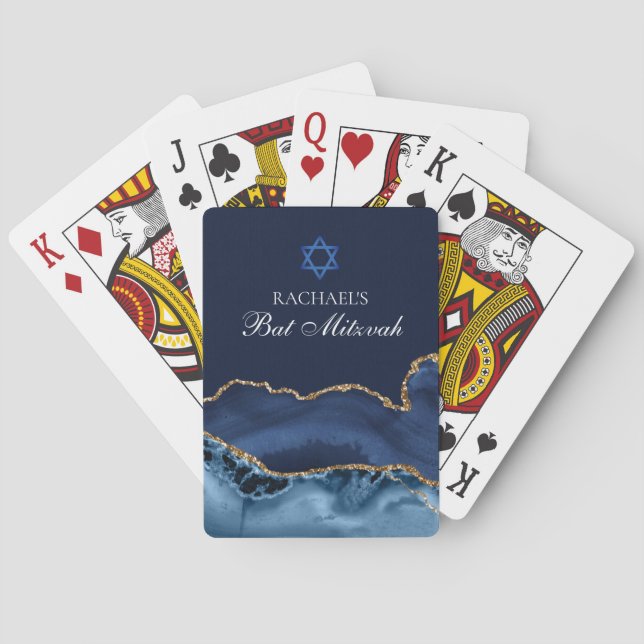 Elegant Navy Blue Gold Agate Bat Mitzvah Party Playing Cards (Back)