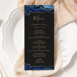 Elegant Navy Blue Gold Agate Dark Wedding Menu<br><div class="desc">This elegant,  modern wedding menu features top and bottom borders of navy blue watercolor agate trimmed with gold faux glitter. The text appears in elegant gold-coloured handwriting,  italic and copperplate fonts on a slate black background. The agate design is repeated on the reverse.</div>