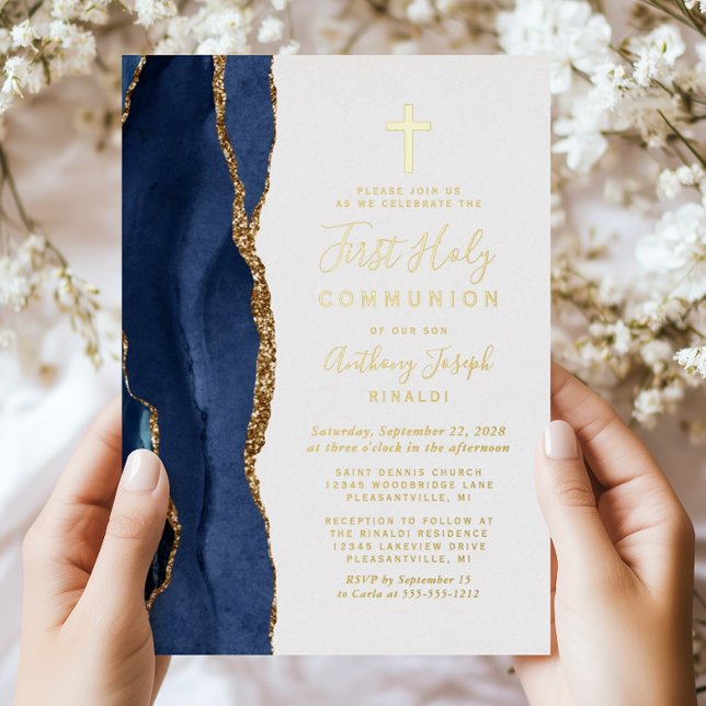Elegant Navy Blue Gold Agate First Communion (Creator Uploaded)