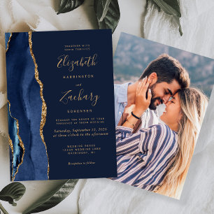 Elegant Navy Blue Gold Agate Photo Wedding Invitation