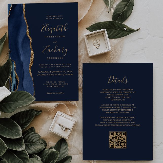 Elegant Navy Blue Gold Agate QR Code Wedding Invitation (Creator Uploaded)