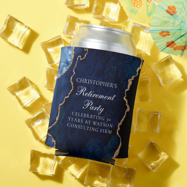 Elegant Navy Blue Gold Agate Retirement Party Can Cooler (In Situ Summer)