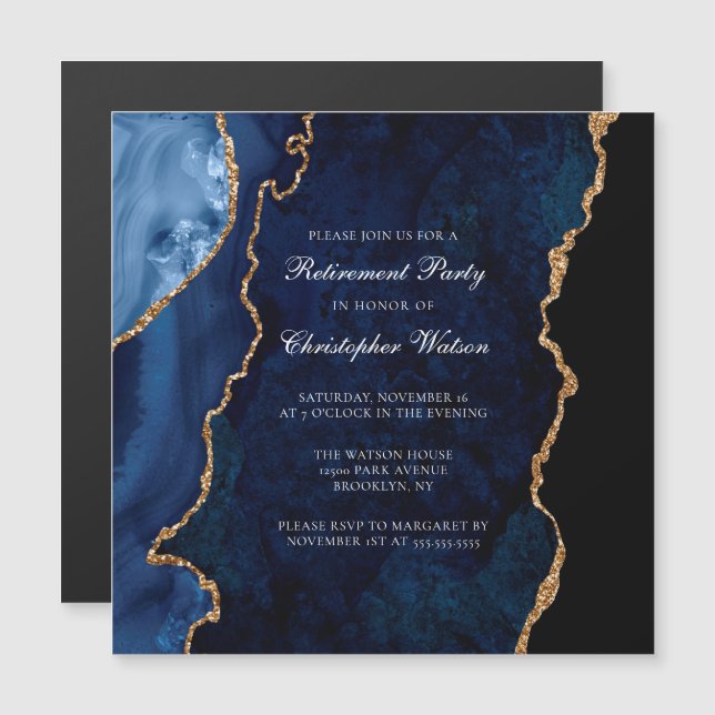 Elegant Navy Blue Gold Agate Retirement Party Magnetic Invitation (Front/Back)