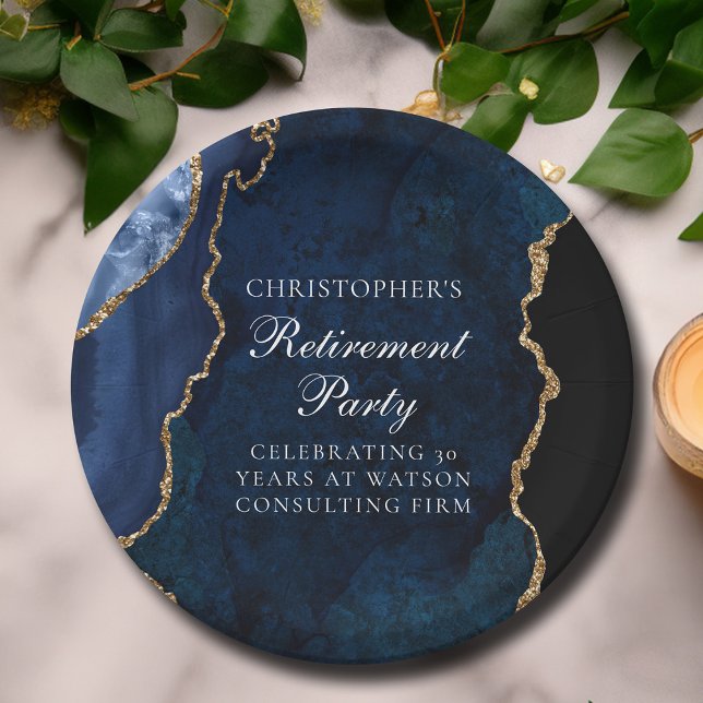 Elegant Navy Blue Gold Agate Retirement Party Paper Plate (Creator Uploaded)