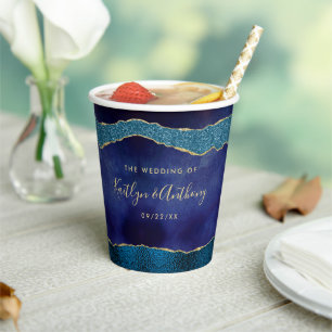 Elegant Navy Blue & Gold Agate Wedding Paper Cups