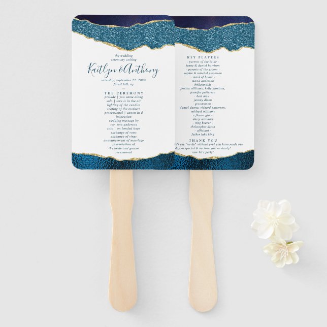 Elegant Navy Blue & Gold Agate Wedding Program Hand Fan (Front and Back)