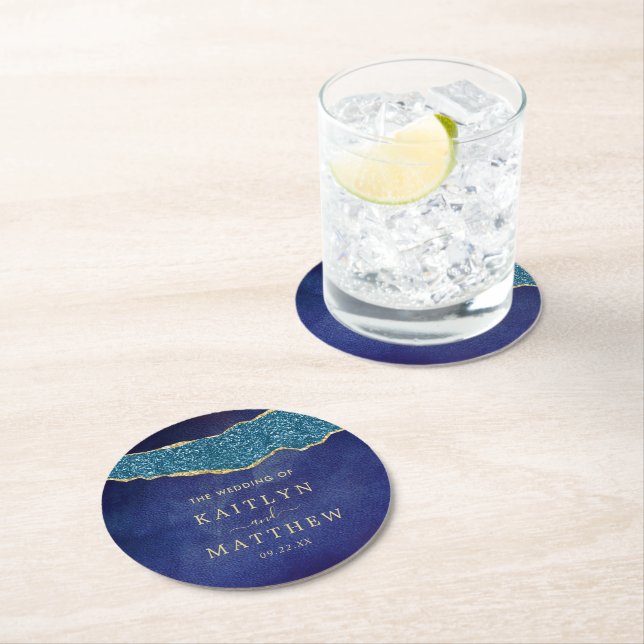 Elegant Navy Blue & Gold Agate Wedding Round Paper Coaster (Insitu)