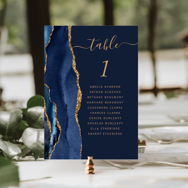 Elegant Navy Blue Gold Agate Wedding Table Number (Creator Uploaded)