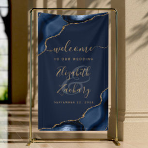 Elegant Navy Blue Gold Agate Wedding Welcome Banner