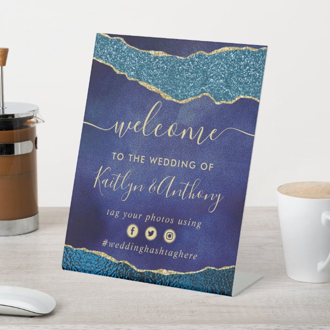 Elegant Navy Blue & Gold Agate Wedding Welcome Pedestal Sign (In SItu)