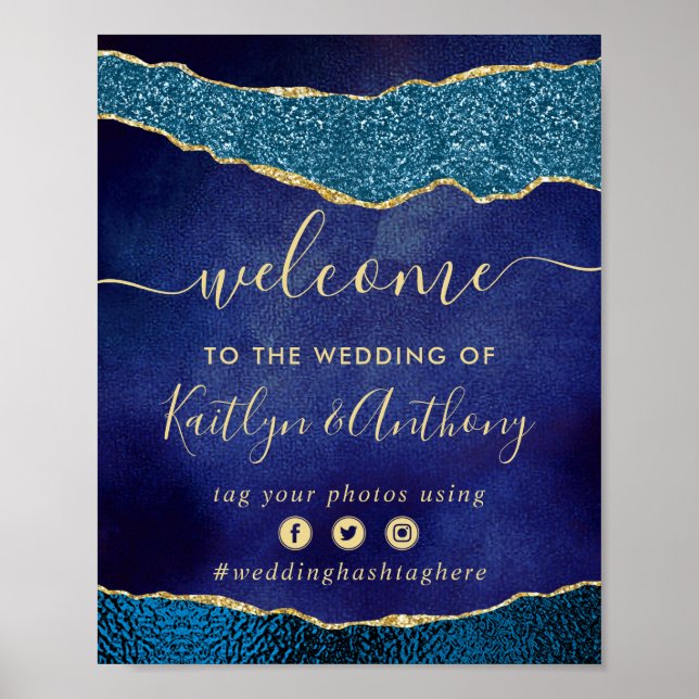 Elegant Navy Blue & Gold Agate Wedding Welcome Poster (Front)