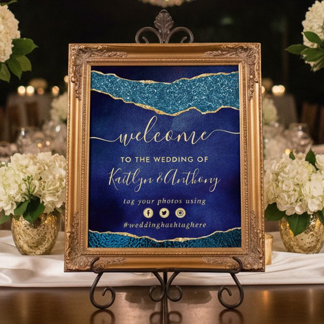 Elegant Navy Blue & Gold Agate Wedding Welcome Poster (Creator Uploaded)