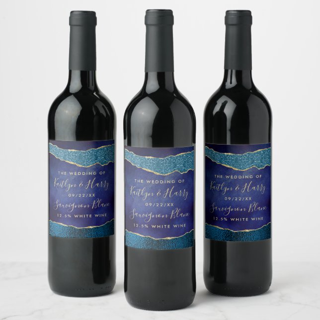 Elegant Navy Blue & Gold Agate Wedding Wine Label (Bottles)