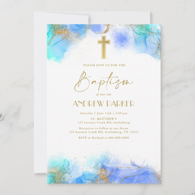 Elegant Navy Blue Gold Baptism Christening Invitation (Front)