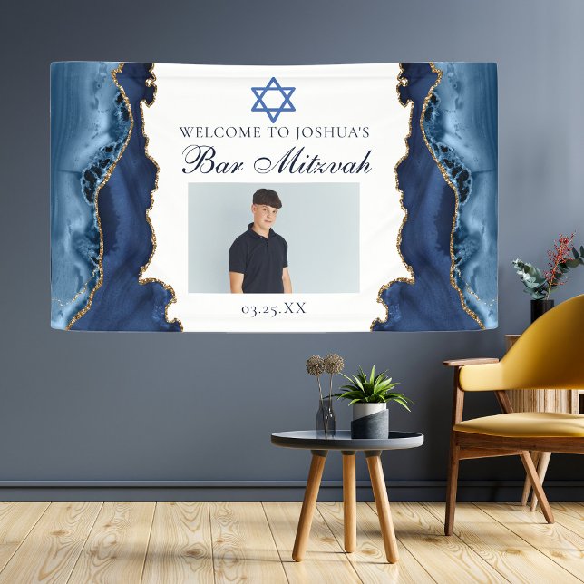 Elegant Navy Blue Gold Bar Mitzvah Party Photo Banner (Creator Uploaded)