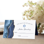 Elegant Navy Blue Gold Bar Mitzvah Place Card<br><div class="desc">Elegant navy blue and gold agate decorates the side of this modern Bar Mitzvah reception folded place card. Your son's name is written in beautiful cursive script under the Star of David. Perfect for a chic, stylish Jewish family celebrating their boy being called to the Torah. Customize these place cards...</div>